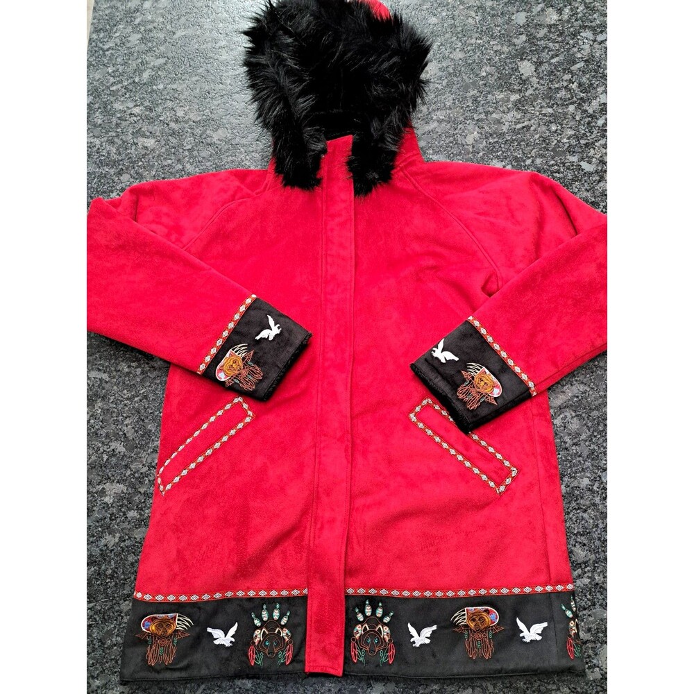 Ameri Mode Women's Red/Black Hooded Parka Faux Fur Trim Embroidered Tribal S